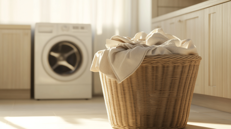 A Laundry Basket Filled with Clothes Next to A Washing Machine