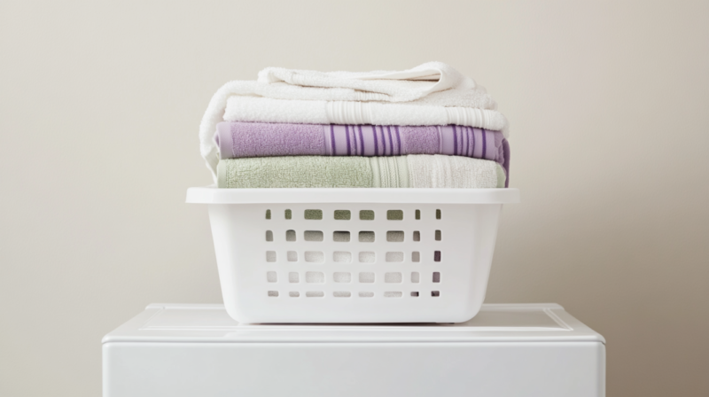 A Basket of Neatly Folded Towels on Top of A Washing Machine